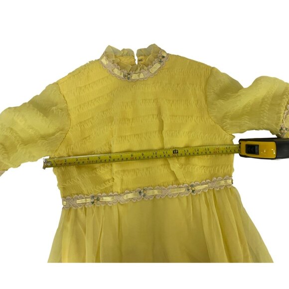 Vintage Womens Shift Dress 11-12 Yellow Ruffled Maxi Bell Sleeve Cottagecore - Picture 5 of 8